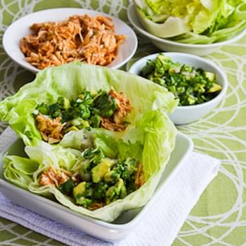 Slow Cooker Spicy Shredded Chicken Lettuce Wrap Tacos (or Tostadas) with Avocado Salsa