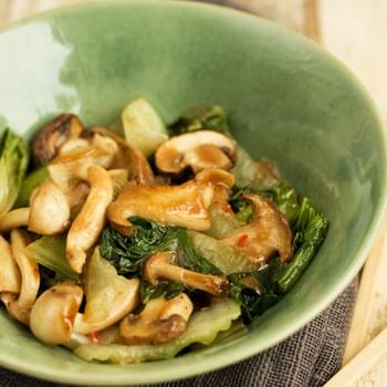 Bok Choy And Mushrooms Flash Cooked With A Miso Dressing