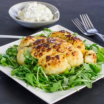 Roasted Head of Cauliflower with Blue Cheese and Sour Cream Dip