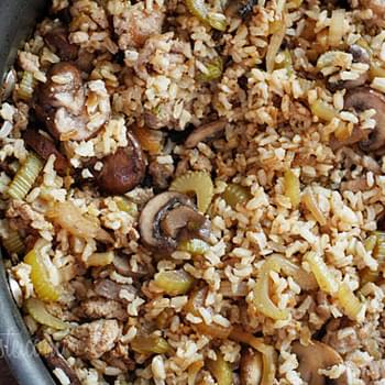 Chicken Sausage Brown Rice Stuffing with Celery and Mushrooms
