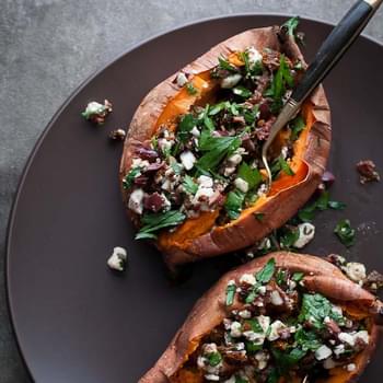 Baked Sweet Potatoes Stuffed with Feta, Olives and Sundried Tomatoes