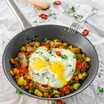 Asparagus Potato Hash with Steak and Eggs