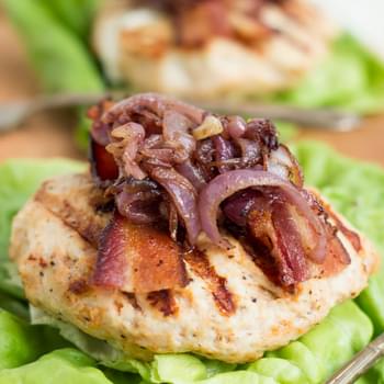 Goat Cheese Stuffed Turkey Burgers with Bacon & Caramelized Onions
