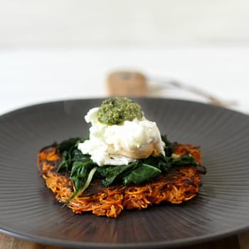 Sweet Potato Fritters With Garlicky Greens, Poached Eggs And Pesto