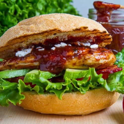 Strawberry BBQ Chicken Club Sandwich with Bacon, Avocado and Goat Cheese
