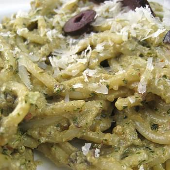 Roasted-Almond Ricotta Pesto with Olives (adapted from Gourmet, August 2009)