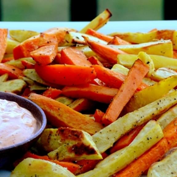 Medley of Roasted Sweet Potatoes & Yams with Smoky-Sweet Dipping Sauce