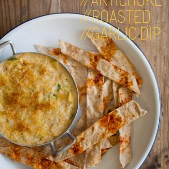 Artichoke and Roasted Garlic Dip with Baked Flatbread Sticks