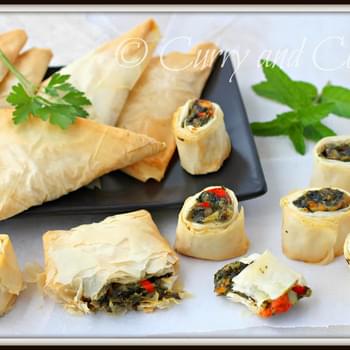 Spanakopita Triangles and Spirals in Phyllo Dough