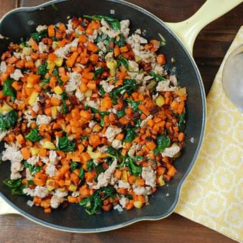 Skillet Sweet Potato, Sausage, and Spinach Hash
