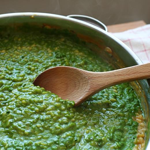 Toasted Barley Risotto with Spinach and Herb Purée (from Bon Appetit)