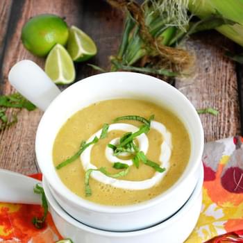 {30 Minute} Creamless Corn Soup with Lime Crema and Basil