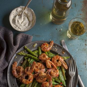 Pan Fried Prawns On A Pea And Asparagus Salad