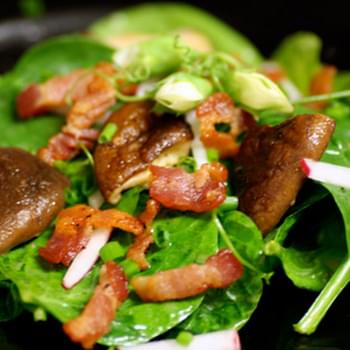 Pea Shoot and Spinach Salad with Bacon and Shiitake