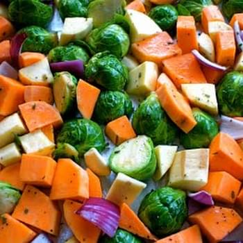 Roasted Sweet Potatoes, Yams, and Brussels Sprouts with Fresh Rosemary