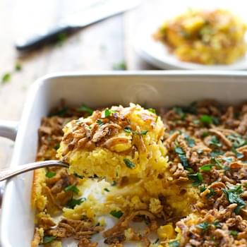 Creamy Corn Pudding with Crispy Onions and Herbs