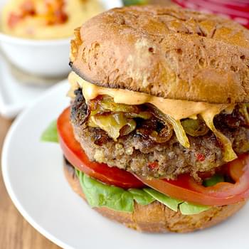 Roasted Red Pepper Hummus Burgers with Caramelized Onions and Smokey Mayo