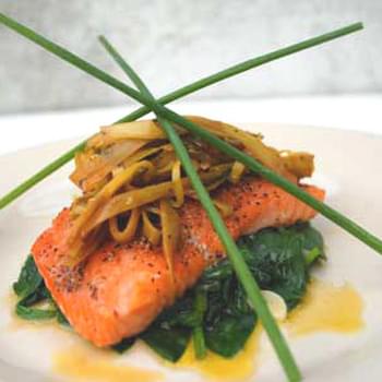 Gluten Free Salmon with Braised Leeks and Spinach