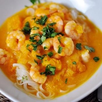 Butternut Squash and Coconut Curry Soup with Shrimp and Rice Noodles