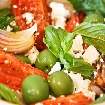 Roast Tomato, Onion, Feta, Olive And Basil Salad