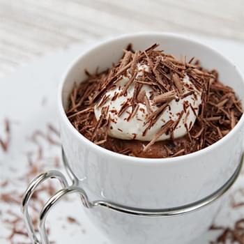 Chocolate–Cognac Mousse in Espresso Cups with Maple Chantilly and Bittersweet Chocolate Shavings