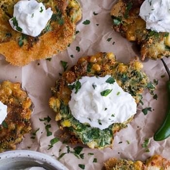 Spinach and Artichoke Corn Fritters with Brie and Sweet Honey Jalapeno Cream.