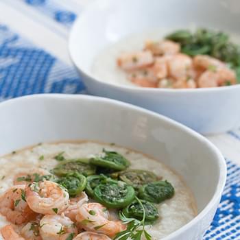 Lemon-Garlic Shrimp and Grits with Fiddleheads