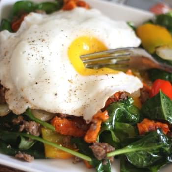 Sweet Potato, Onion, Bell Pepper and Sausage Hash with Beet Greens or Spinach