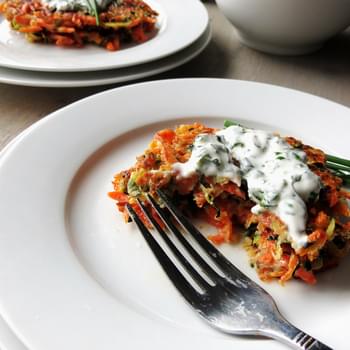 Zucchini and Carrot Cakes with Chive and Basil Sour Cream (Gluten Free)