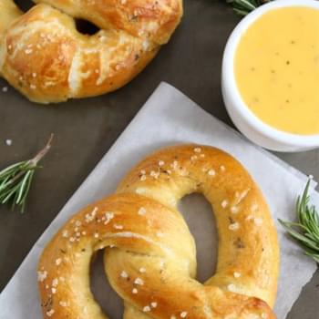 Rosemary Sea Salt Pretzels with Rosemary Cheddar Cheese Sauce