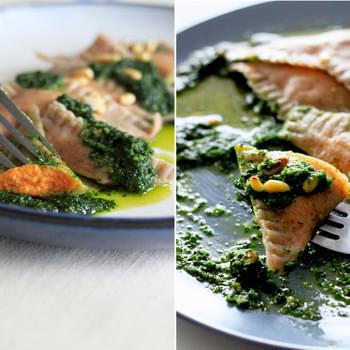 Spelt And Chia Seed Ravioli With Sweet Potato Filling And Kale Pesto