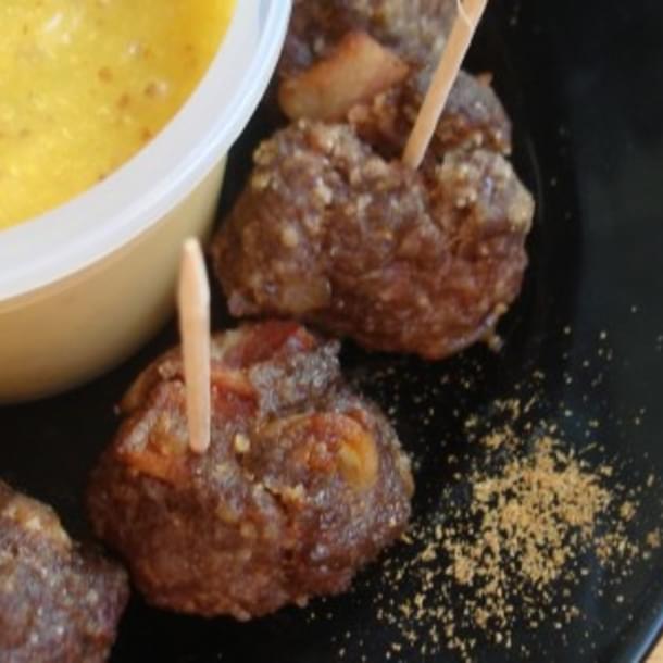Superbowl Snacks: Bacon Meatballs with Mango Honey Mustard Sauce