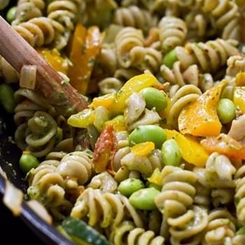 Vegetable and Edamame Pasta with Basil Cream Sauce