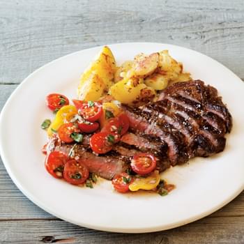 Pan-Fried Steak, Rosemary Potatoes, and Tomato Relish
