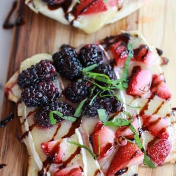 Grilled Blackberry, Strawberry, Basil and Brie Pizza Crisp with Honey Balsamic Glaze