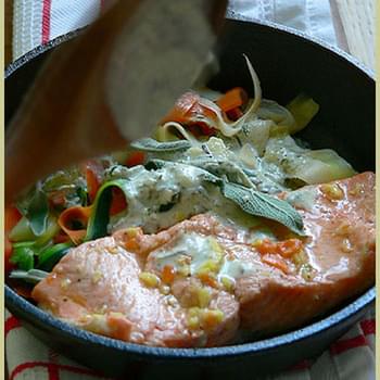 Red Trout and Vegetable Peels with Garlic Cream
