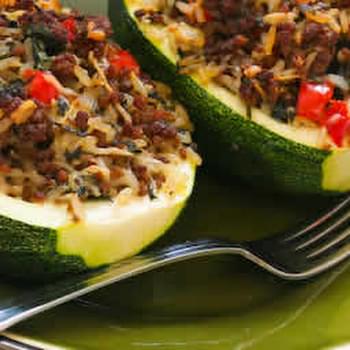 Stuffed Zucchini with Brown Rice, Ground Beef, Red Pepper, and Basil