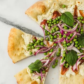 Ricotta Pizza with Prosciutto and Fresh Pea Salad