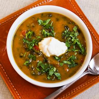 Spicy Butternut Squash Soup with Black Beans, Red Bell Pepper, and Cilantro