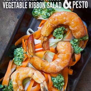 Tea Smoked Shrimp Vegetable Ribbon Salad and Asian Pesto