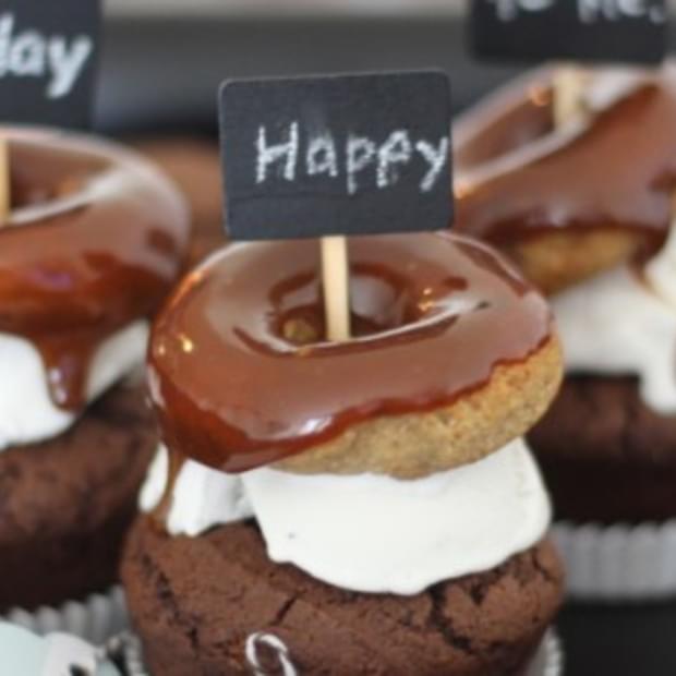 Caramel Donut & Ice Cream Topped Chocolate Cupcakes