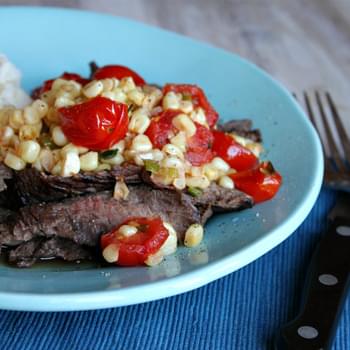 Grilled Skirt Steak with Warm Corn and Cherry Tomato Salad
