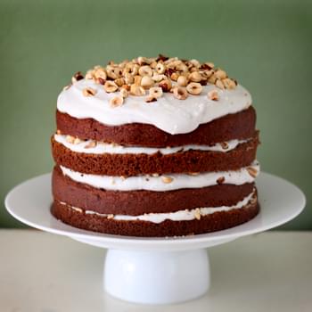 Pumpkin Spice Birthday Cake with Coconut Vanilla Icing and Roasted Hazelnuts