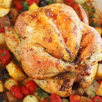 Pesto Roasted Chicken with Potatoes, Olives and Onions