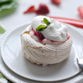 Meringue Nests with Basil Scented Strawberry-Rhubarb Compote