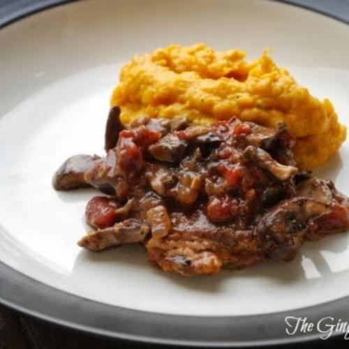 Smothered Pork Chops with Mashed Cheddar Buttercup Squash
