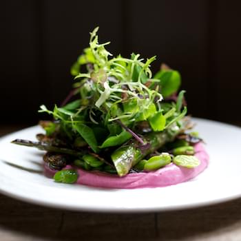 Roasted Ruby Beetroot Ricotta with Pan-fried Asparagus and Broad Bean Salad