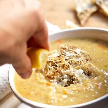 Creamy Red Lentil Soup with Cheesy Pita Croutons