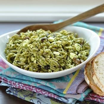 Orzo Salad with Spinach Pesto, Olives & Feta