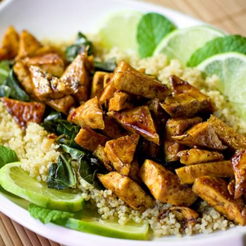 Sweet Chili Lime Tofu with Wok Steamed Collards and Quinoa